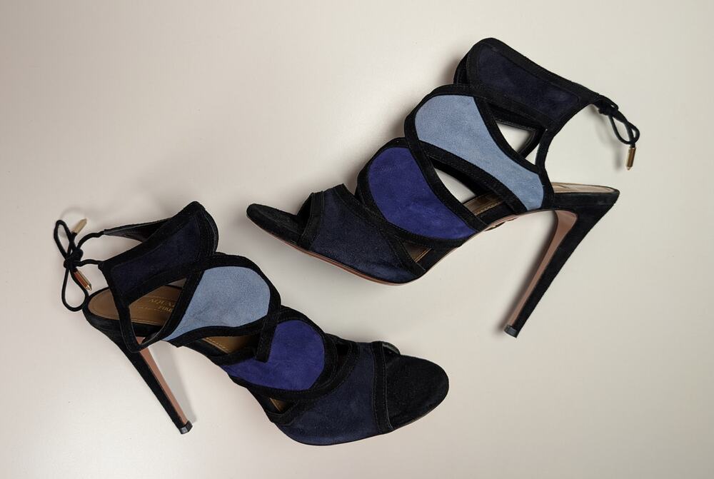 Aquazzura Vika Suede Colorblock Sandals Heels Blue 39